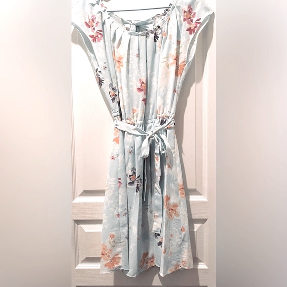 Lauren Conrad Aqua Floral Pleat Neck A-line Mini Dress Waist Tie Back Neck Tie - Picture 2 of 8